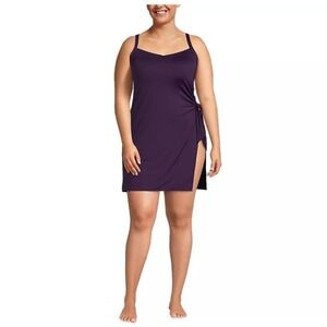 Lands End Plus  12L Purple Sweetheart Neck Ruched Side One Piece Swimsuit Dress